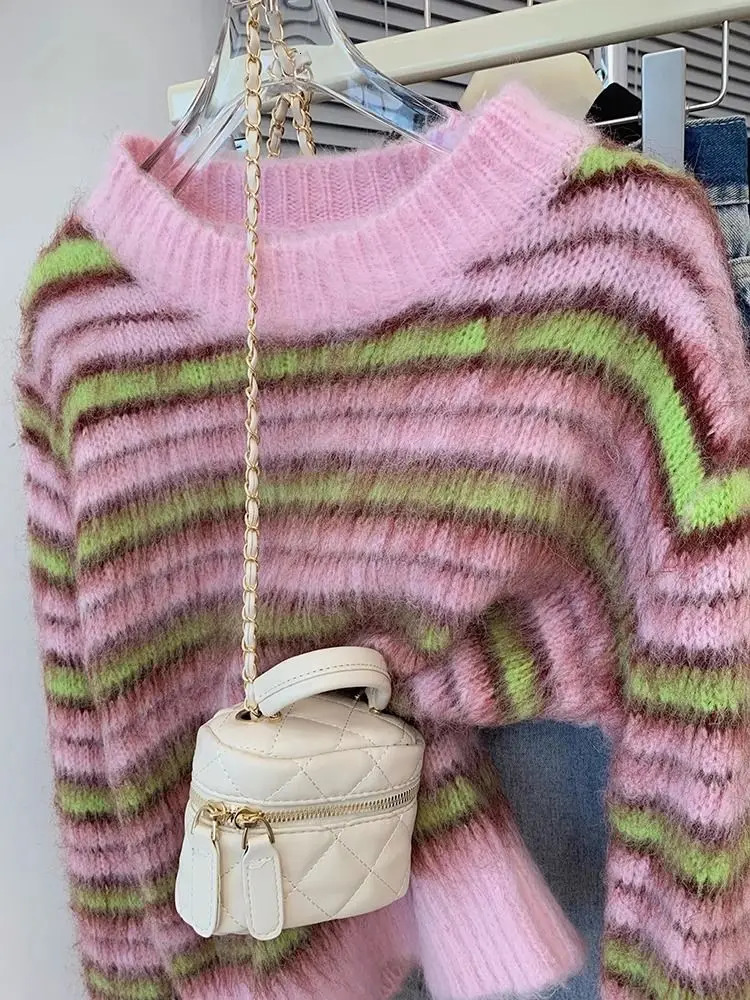 Korej Pull Womens Colored Blocked Striped Artificial Mink Sweater Autumn and Winter Retro Knitted Top Casual Zipper Clothing 241212