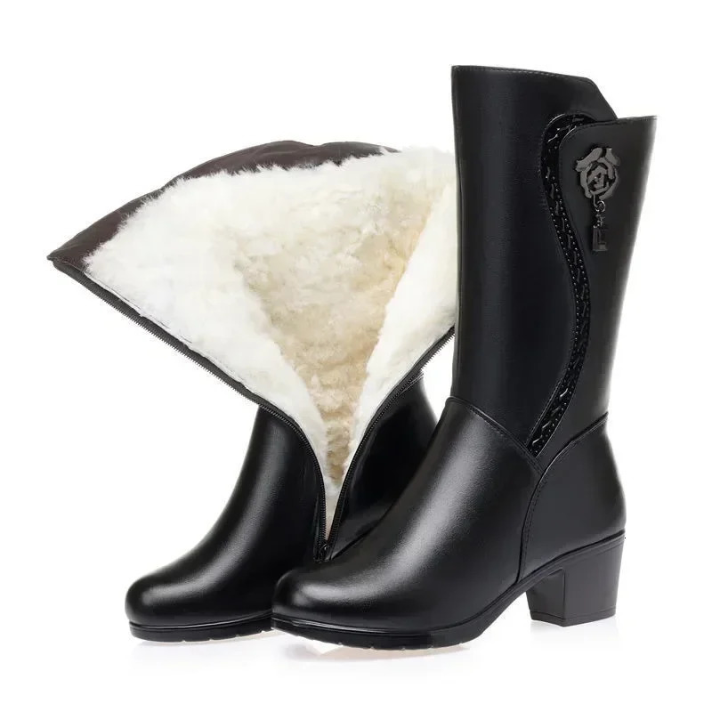 2024 Winter Womens Boots Plush Warm Snow Boots Fashion Medium Density Fiberboard High Heels Womens High Quality Leather Boots Botas Mujer 241213
