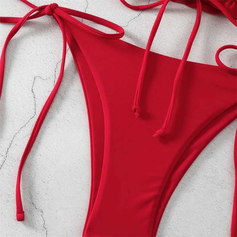 Sexy String Bikini 2024 Red Off Shoulder Swimsuit Fa Swimwear Women Thong Bikinis Set Bather Swimming Beachwear Bathing SuitXJ241212