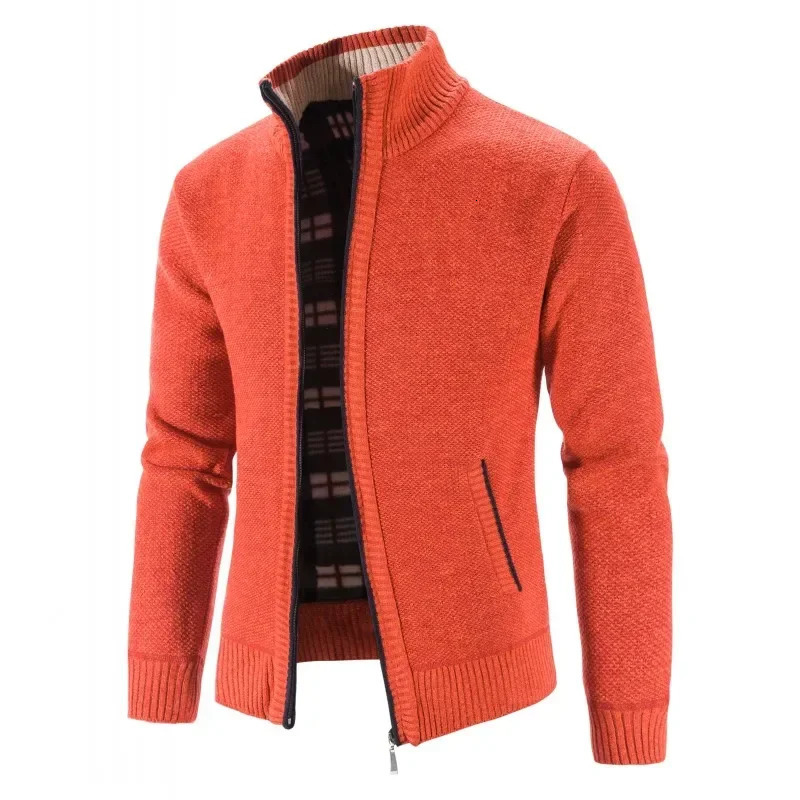 Winter Mens Casual Knitted Cardigan Sweater Stand Collar Fleece Jacket Solid Color Fashion Warm Zipper Coat clothing 241213