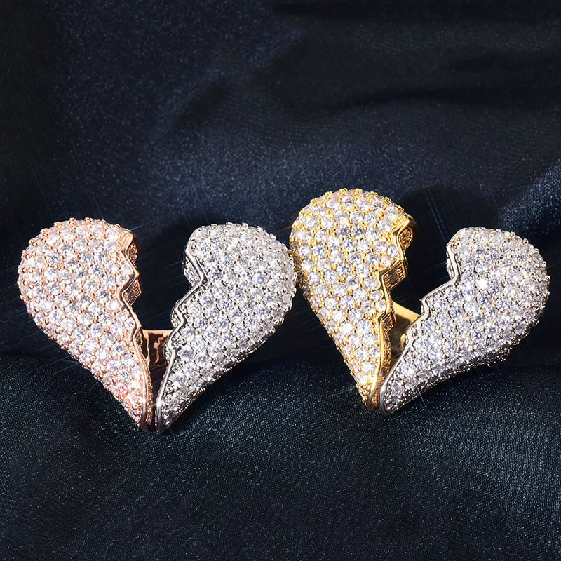 Hip Hop Rapper 5A CZ Stone Paved Bling Ice Out Broken Heart Rings for Men Women Unisex Lover Jewelry Gold Silver Color 241213