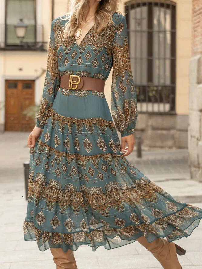 European And American Sleeved V-Neck Waist Cinching Slimming A-E Baroque Printed Dress Elegant Large Swing Long Skirt With Belt Fashionable Quality Cl