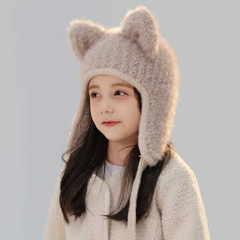 Knitted Hat Winter Children Ear Protection Beanie Cap Cute Cat Ear Hat Wool Plush Cold-proof Warm Boy Girl Bucket Hat BonnetsXJ241213