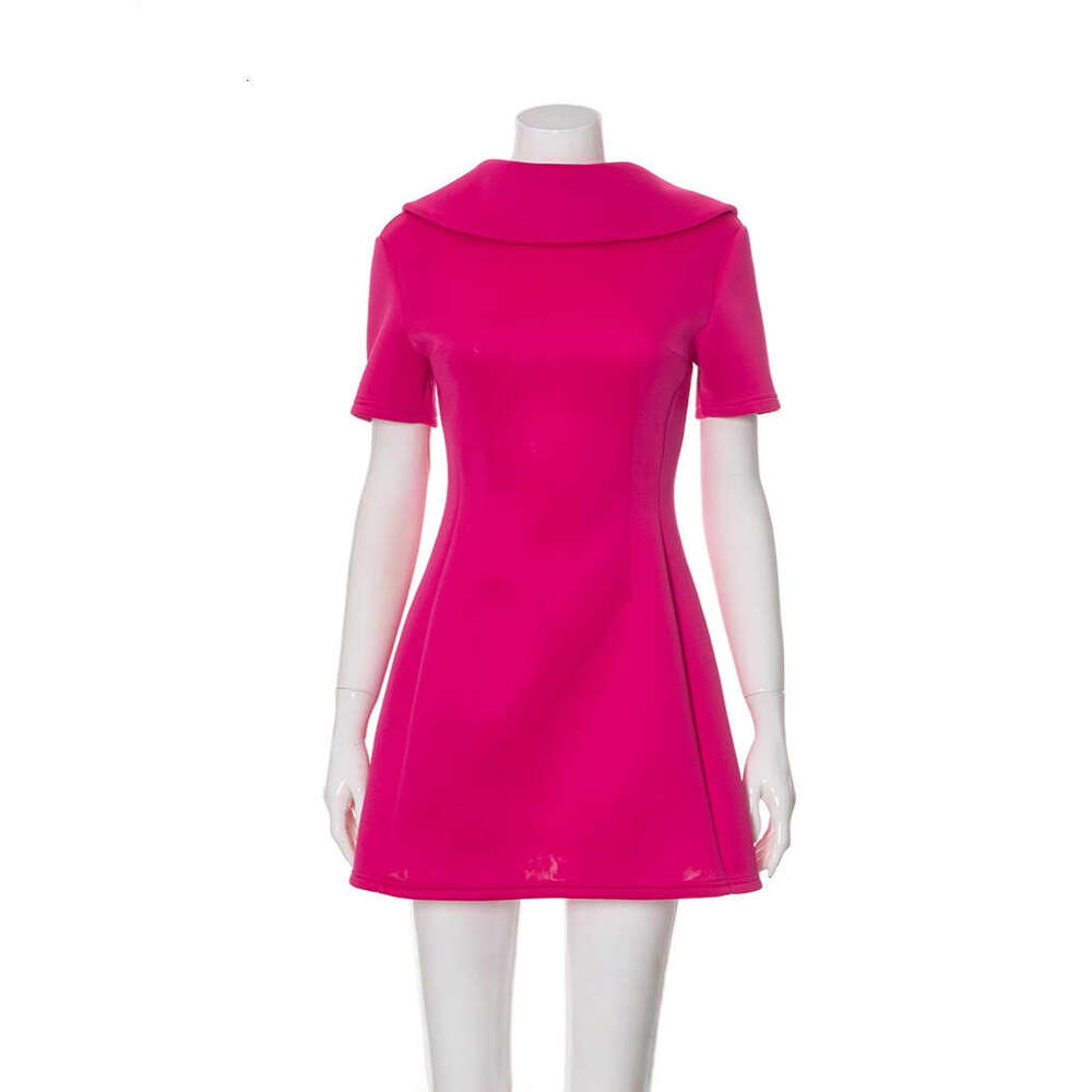 Skirt Set HIGH STREET Newest Fashion Designer Women's Eleagnt Short Sleeve Back V Bow Dress Hot Pink