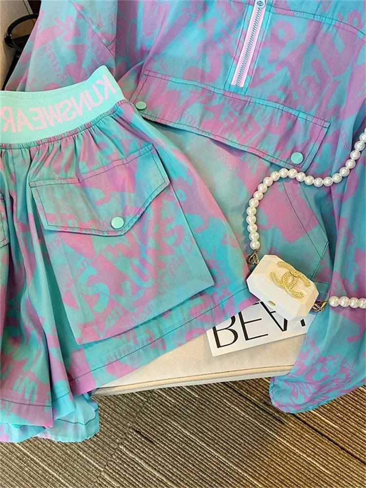 Women's Two Piece Pants Womens Printed Suit Korean Casual Thin Sunscrn Clothes Pocket Drawstring Long Slve Top Shorts 2-Piece Set Female Sportswe