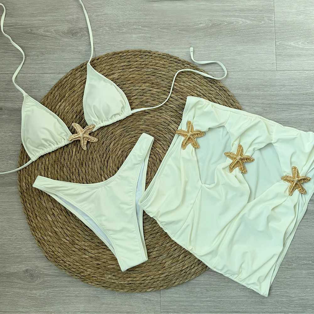 Sexy starfish 3 Pieces Bikinis 2025 Swimsuit For Women Black Swimwear Brazilian Bikini Set Biquini Fa Swimuits BeachwearXJ241212