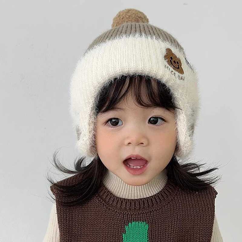 Children Plush Earmuffs Cap 1-6year Kids Winter Warm Knitted Hat Baby Bear Beanie Toddler Ear Protection CapsXJ241213
