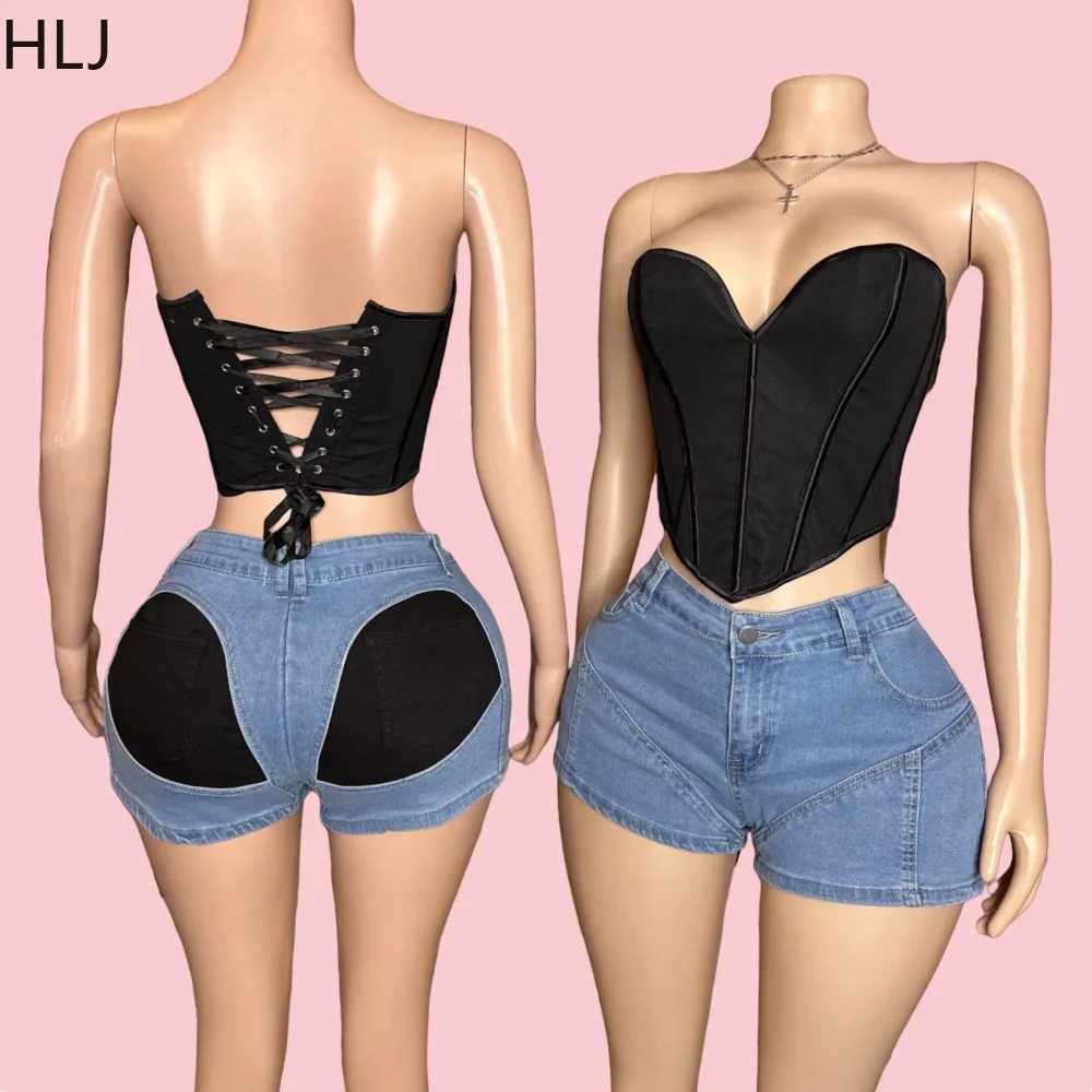 Women's Two Piece Pants HLJ Sexy Corset Slim Vest Two Piece Sets Women V Neck Slveless Backless Top And Jean Shorts Outfits Fashion 2pcs Strtwear