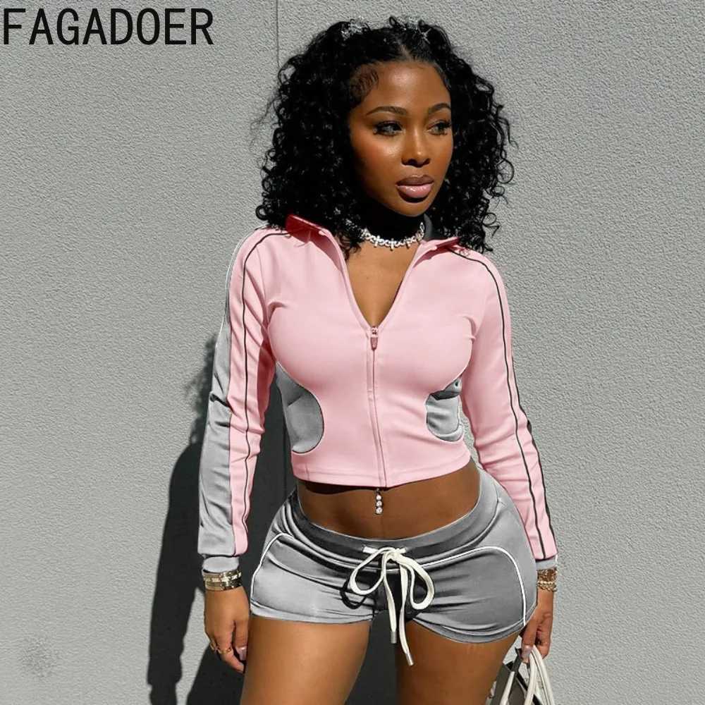 Women's Two Piece Pants FAGADOER Color Block Sport 2 Piece Sets Outfit Women Autumn Tracksuits Zip Jacket + Drawstring Shorts Suits Jogger Strtwe