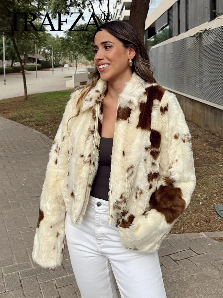 TRAFZA Women Casual Faux Fur Lapel Jacket Fashion Cow Print Autumn Winter Crop Zipper Coat Female Long Sleeve Fluffy Outwear 241212
