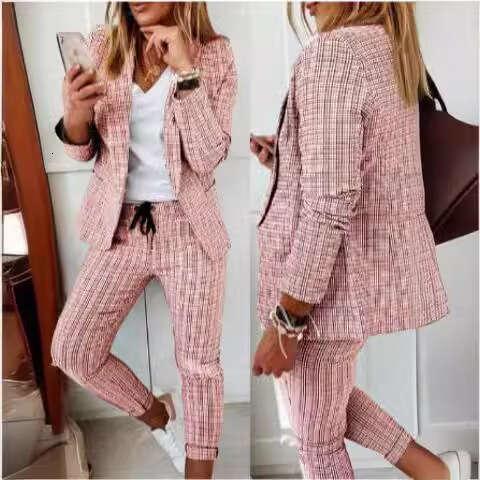 New European And American Women's Plaid Casual Slim Fit Lapel Suit With Elastic Tie Pants Set, Fashionable Quality Classic