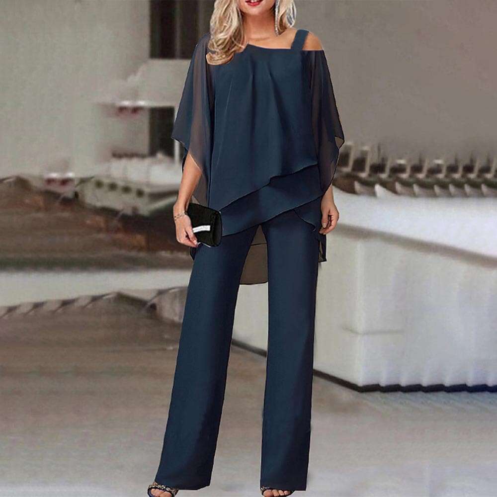 European And American New Solid Color Loose Casual Slanted Shoulder Bat Sleeve Irregular Long Pants Two-Piece Set Fashionable Quality Classic