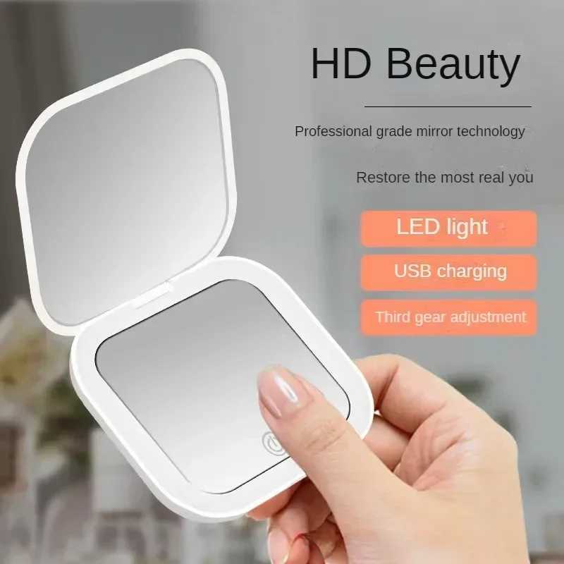 Compact Mini Led Light Makeup Mirror with 2X Magnifying Portable Hand Held Pocket Travel Foldable Women Cosmetic Pocket MirrorXJ241213