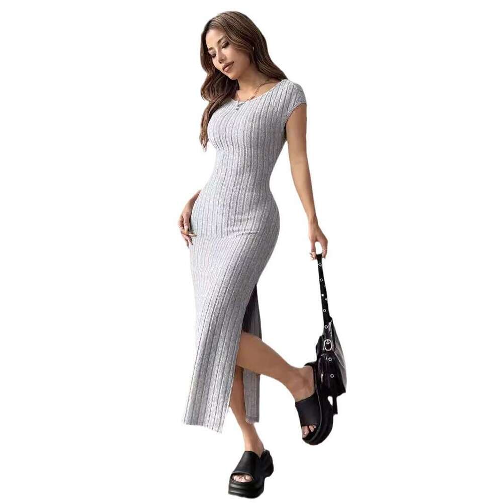 European and American women's clothing 2024 summer new round neck short sleeved backless temperament sexy slit dress