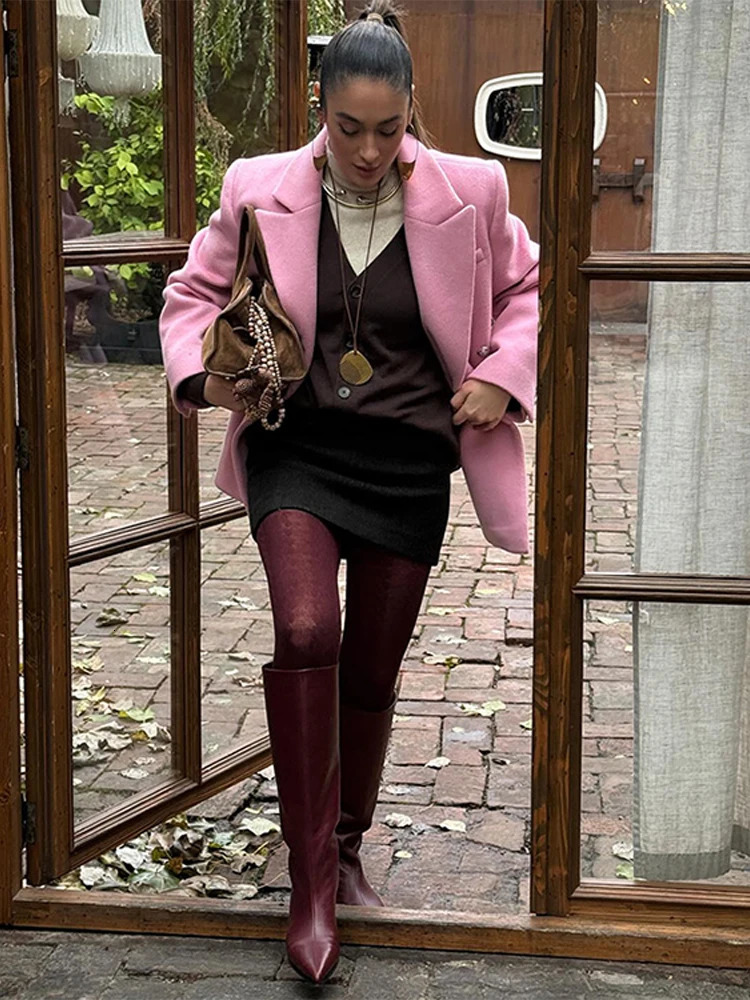 Woolen Women Jacket Stand Neck Long Sleeve Fashion Office Lady Coat Autumn Winter Street Pink Loose Thick Outwears 241213