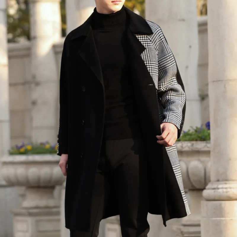 Double Sided Cashmere Coat Mens Thousand Bird Lattice Stitched Winter Medium Long Wool Blend Cloth Thickened Trench 241213