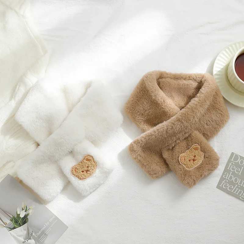Scarves Wraps Cute Bear Embroidered Baby Scarf Winter Warm Plush Toddler Neckerchief Korean Cartoon Imitation Rabbit Fur Kids Scarves H241213