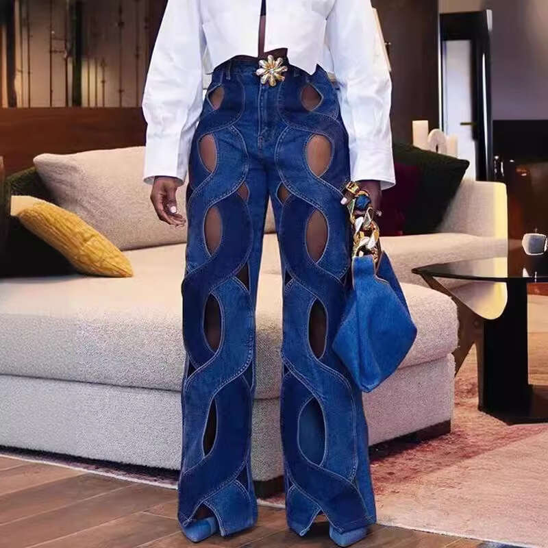 European And American Summer Casual Straight Slim Fried Dough Twists Hollow Out Metal Button Jeans