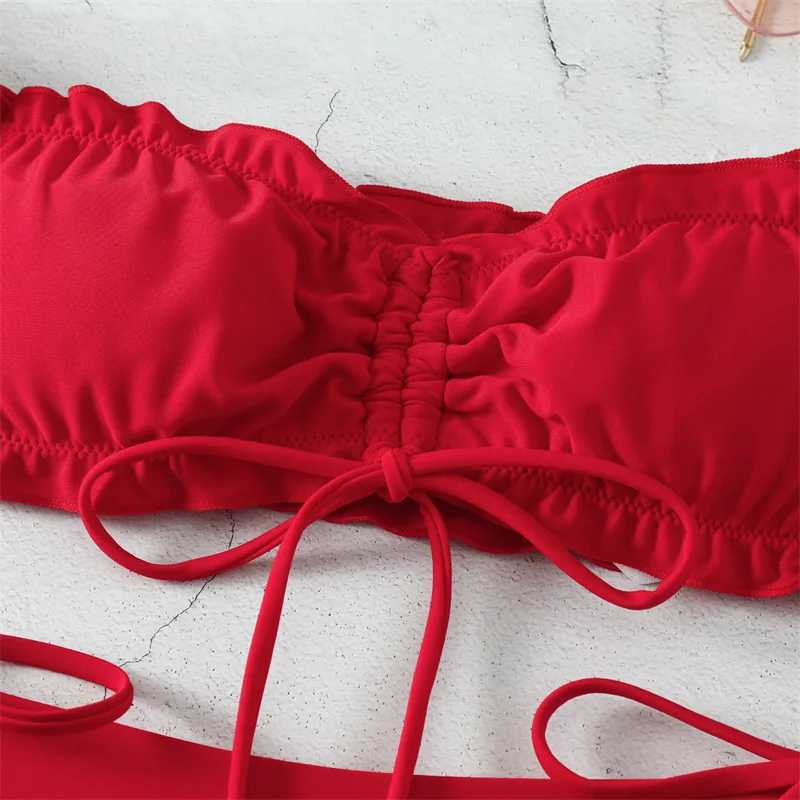 Sexy String Bikini 2024 Red Off Shoulder Swimsuit Fa Swimwear Women Thong Bikinis Set Bather Swimming Beachwear Bathing SuitXJ241212