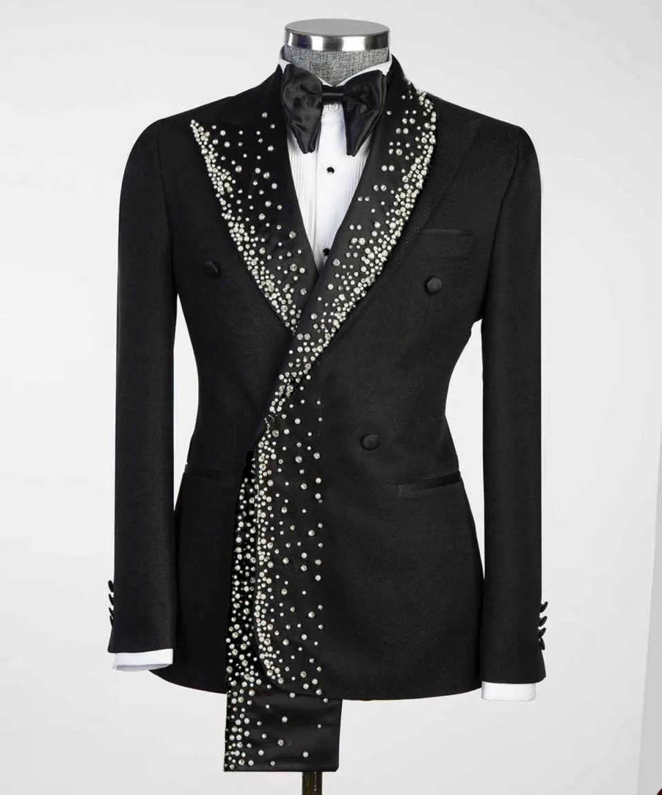 Gorgeous Wedding Suits Beaded Crystal 1 Piece Set Coat Peaked Lapel Fashion Men Tuxedos Double Breasted Formal Groom Tuxedo Suit Customized