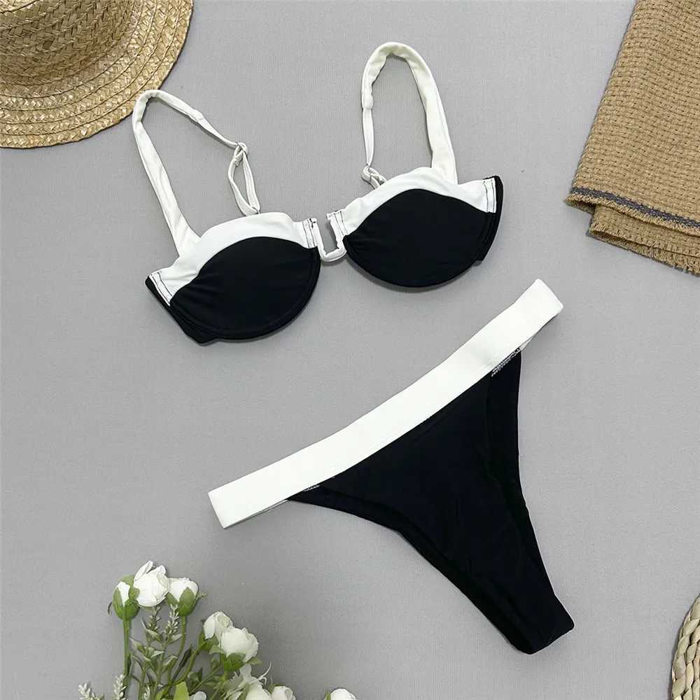 Black White Contrast Swimwear Push Up Bikini Set Sexy Swimsuit Women High Cut Bathing Suit Underwired Bikinis 2024 Mujer BatherXJ241212