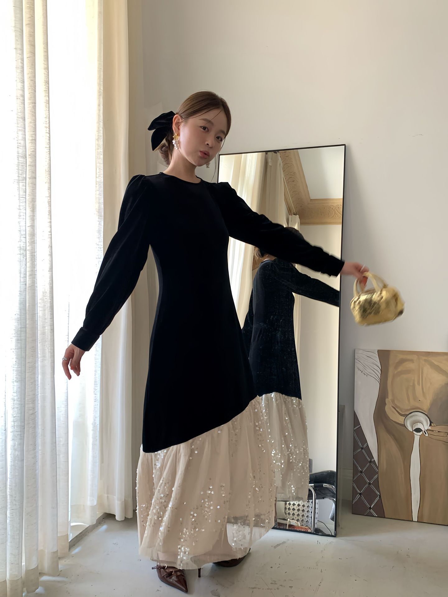 U108 Autumn Ladies Light Luxury High-end Splicing Velvet Dress for Women