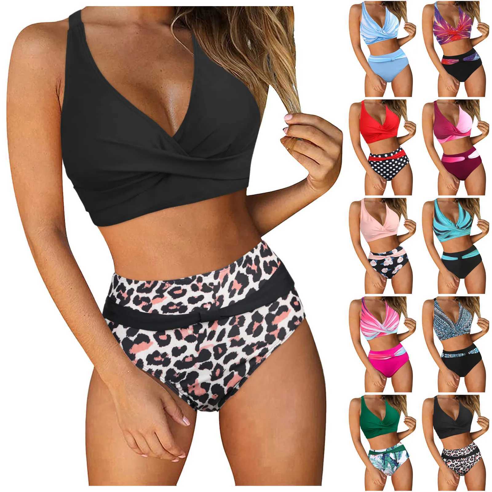 Two Piece Bathing Suits Fashion Womens High Waisted Bikini Push Up Halter Swimsuits Retro Ruched High Waist Print Bikini SetXJ241212