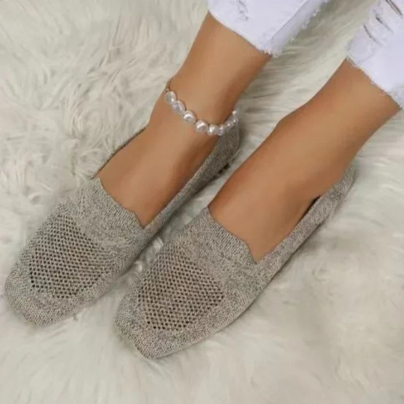 Solid color square toe net cushioned shallow womens flat shoes soft soled knitted ballet flat shoes casual skate shoes 2024 241213