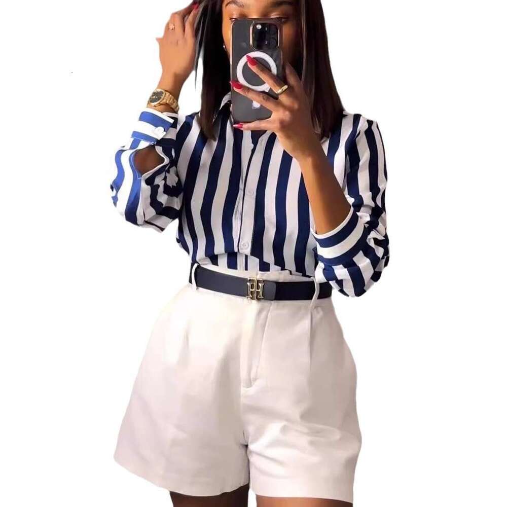 European American Clothing Spring Summer New Products, Versatile Blue Striped Shirts, Women's Trendy Clothing, Fashionable And Casual Temperament