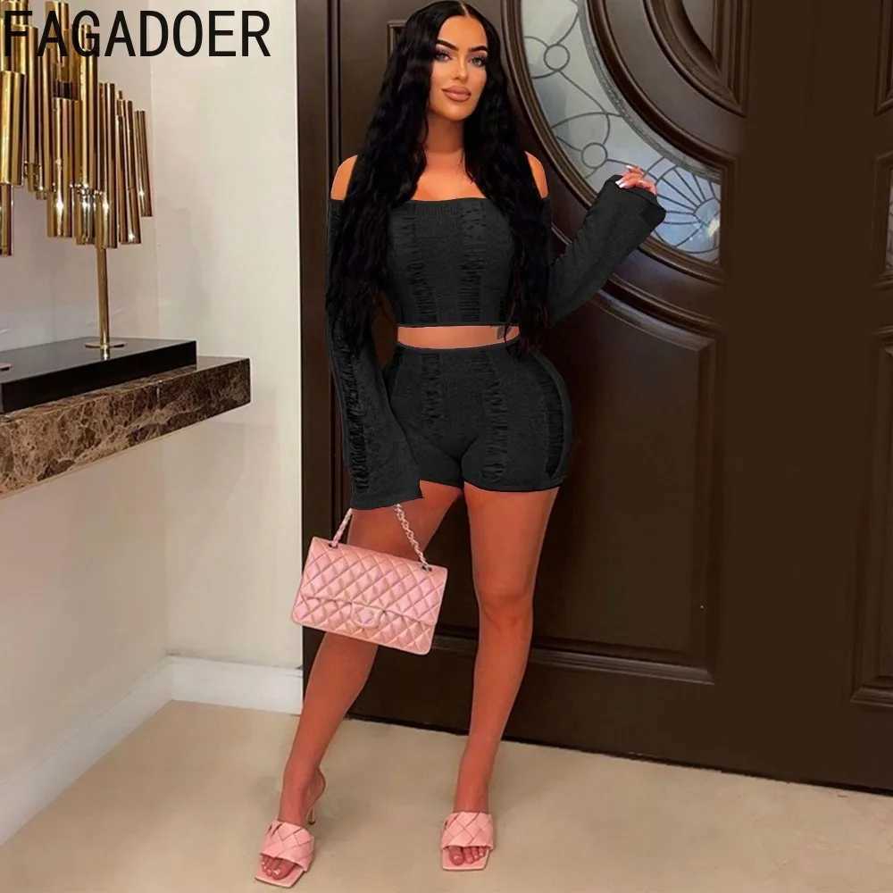 Women's Two Piece Pants FAGADOER Sexy Knitting Hollow Out Shorts Two Piece Sets Women Off Shoulder Crop Top And Shorts Outfits Female Solid 2pcs 
