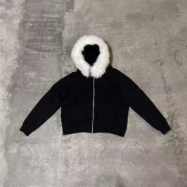 Y2k Retro Black Fur Collar Hoodie Mens Winter High Street Loose Warm Two Piece Set Oversized Street Clothing Ropa Hombre 241121