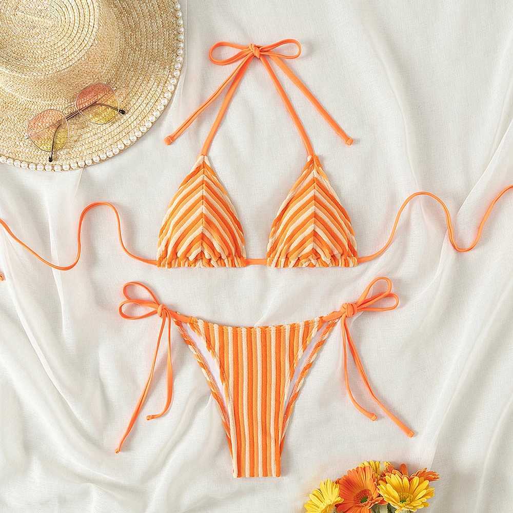 9 Colors New Towel Cloth Halter Neck Tie Up Striped Bikini Swimsuit For Women Summer Beach Vacation Low Waisted Swimwear 2024XJ241212