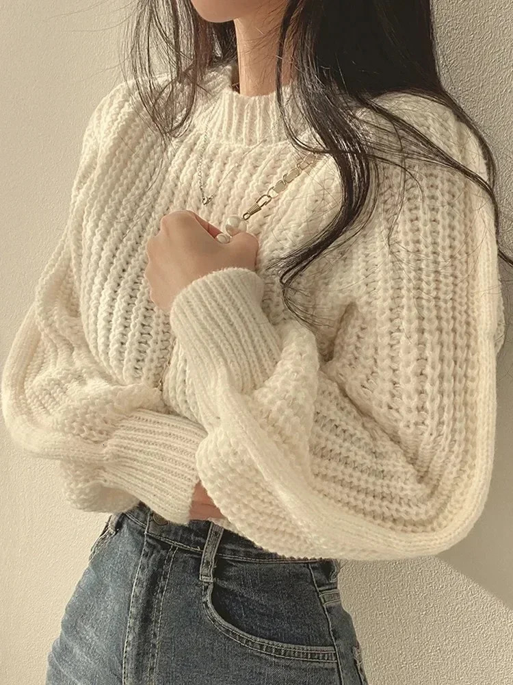 Knitted Sweater Pullovers n Cute Sweet Japan Girls Solid O Neck Short Crop Knit Tops 4 Colors 2024 Winter Autumn 241203