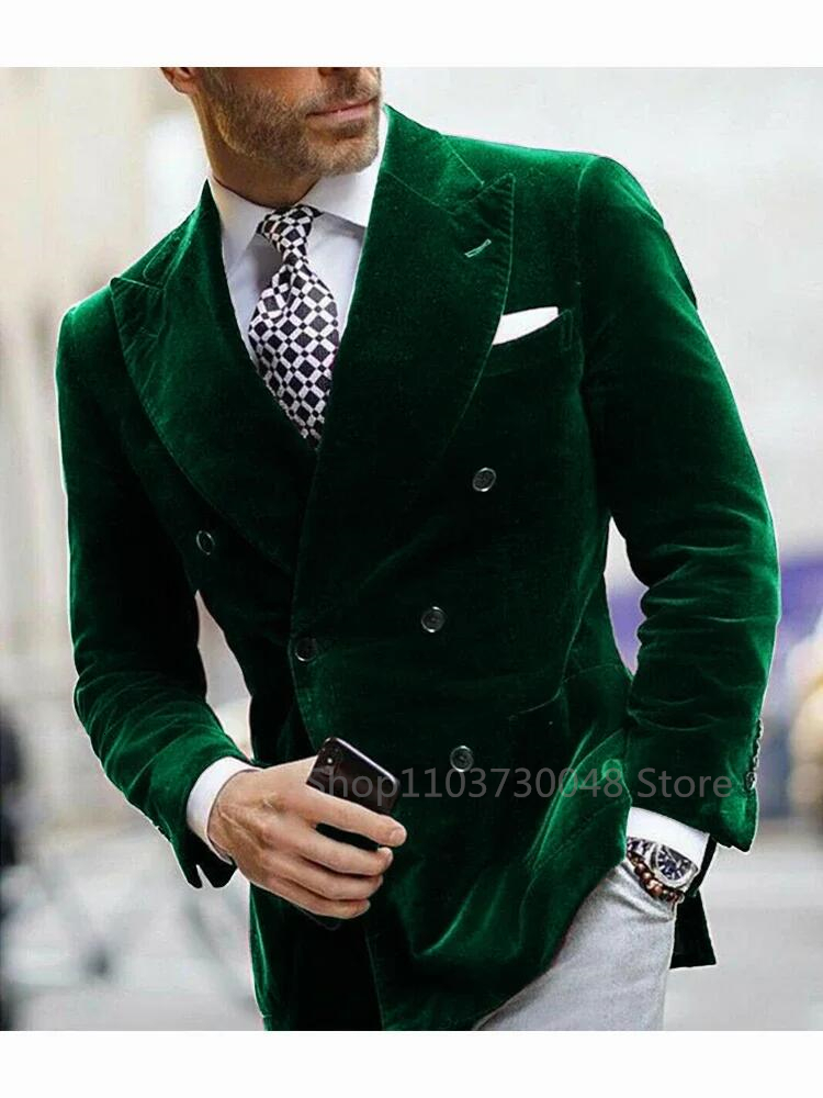 Green/Black Veet Blazer For Men With Peak Lapel Double Breasted Dinner Jacket Elegant Smoking Suit Wedding Coat