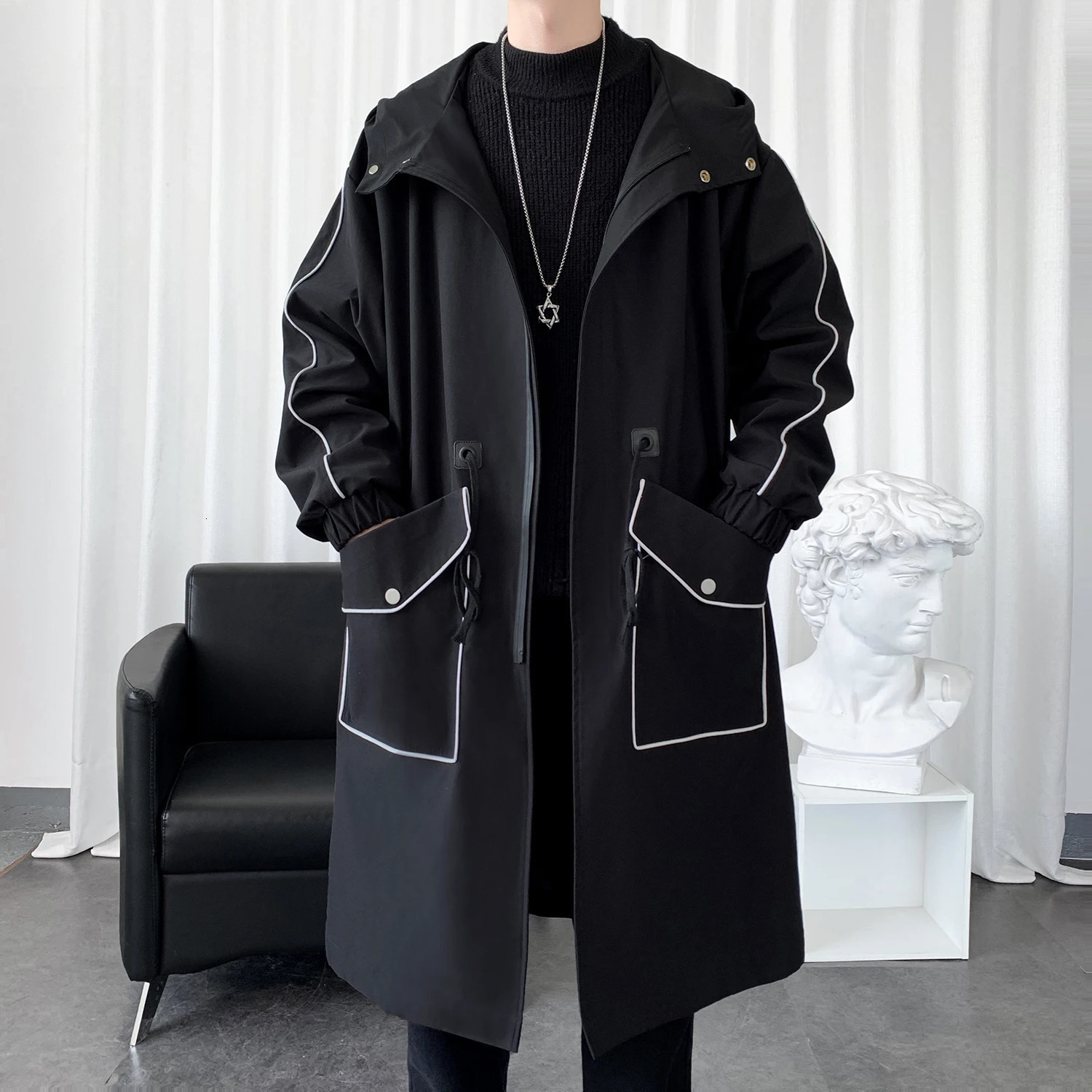 Males Long Windbreaker Hooded Trench Coat Contrasting Loose Oversized Jacket Patchwork Casual Tops Pocket Waistband Man Clothing 241213