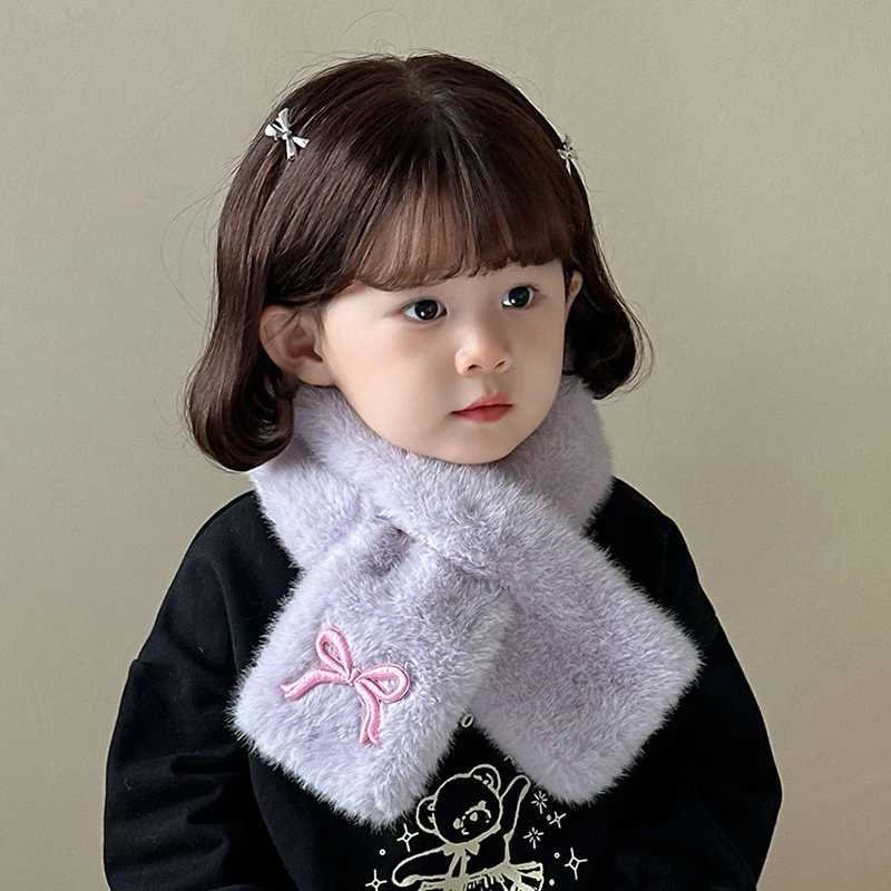 Scarves Wraps Embroidered Bow Baby Plush Scarf Winter Warm Children Neckerchiefs Korean Kids Cross Neck Covers Sweet Girl Fur Collars 2-8Years H241213