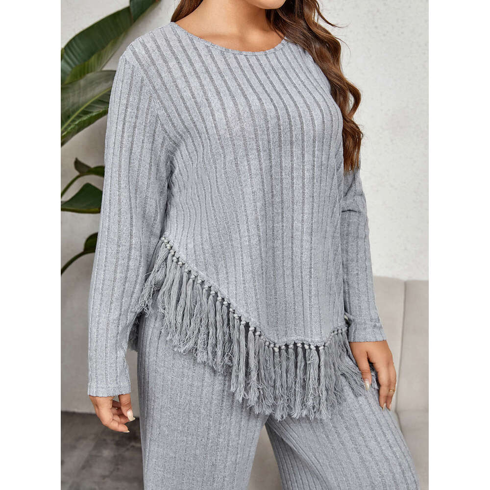 Ladies Suits Plus Size Women Two Piece Outfit Fall Casual O-Neck Long Sleeve Tassel Hem Tops With Wide Leg Pants Sets