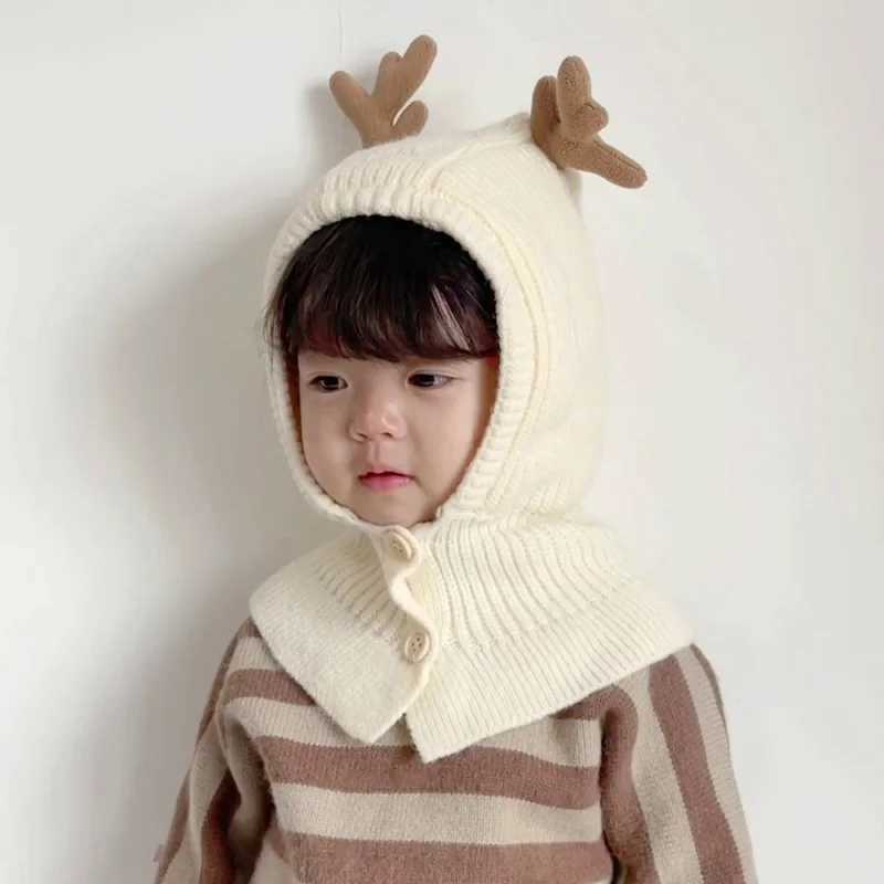 Deer Design Baby Hood Beanies One Piece Scarf Cap Winter Warm Knitted Ear Protection Hat Solid Color Infant Headgear BonnetXJ241213