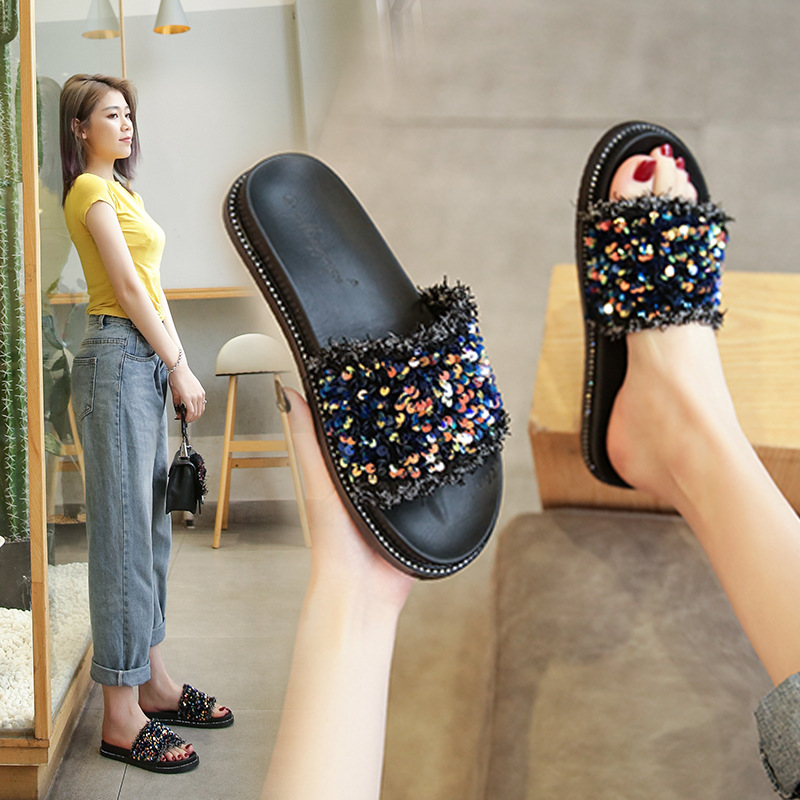 Net slippers summer fashion NEW sequins wear net red thick sole flip-ps non-slip sandals big size women's shoes 33-43
