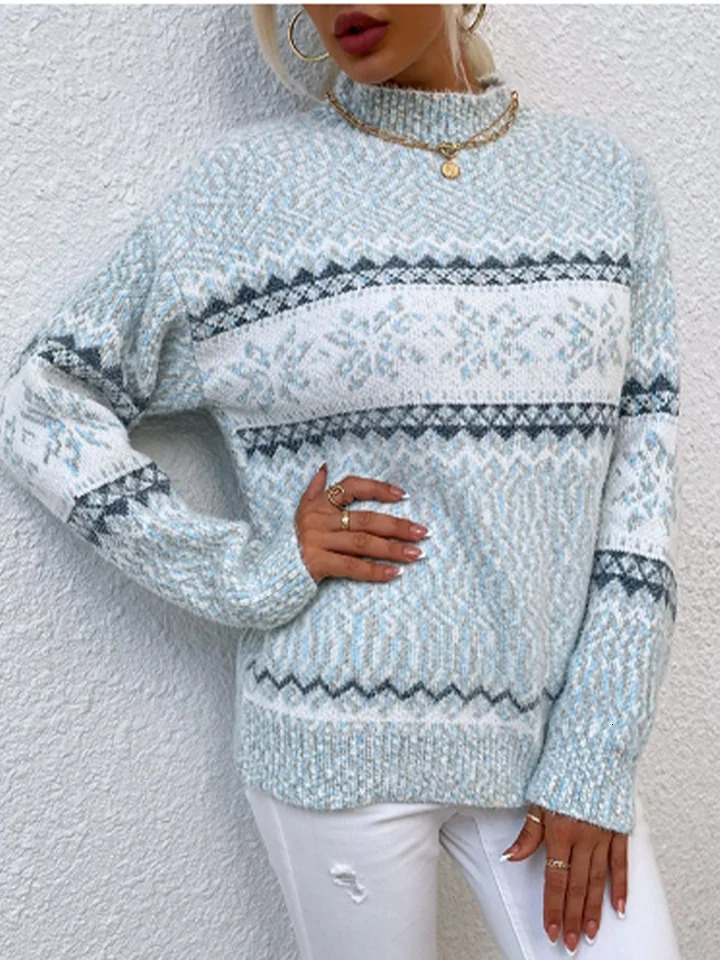 Trendy Long Sleeve Semi High Neck Sweater Womens Snowflake Printed Knitted Top Autumn Temperament Casual Pullover 241203