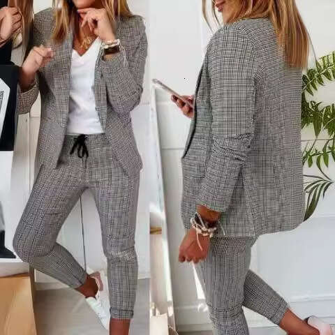 New European And American Women's Plaid Casual Slim Fit Lapel Suit With Elastic Tie Pants Set, Fashionable Quality Classic