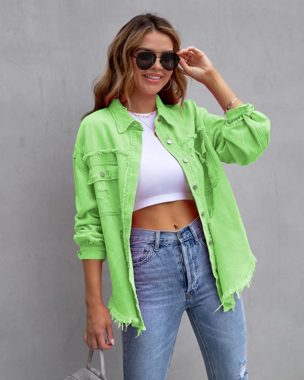 Loose and fashionable womens jacket womens denim jacket solid color top 2024 spring/summer S-XXL 241209