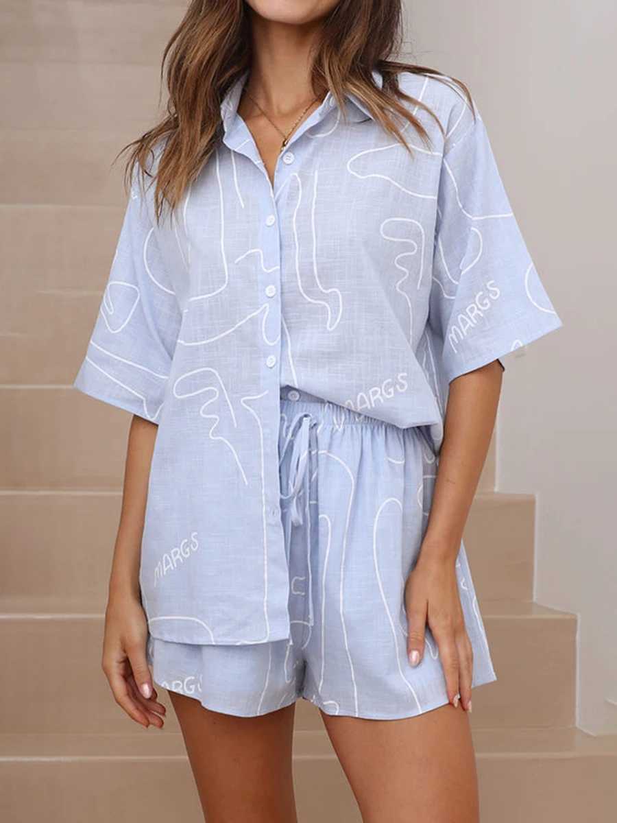 Women's Two Piece Pants Womens Cute Retro Pajamas Shorts Set Two-piece Pj Sets Short Slve Slpwear Loungewear Button-Down 2 Piece Pjs Set Y241213S