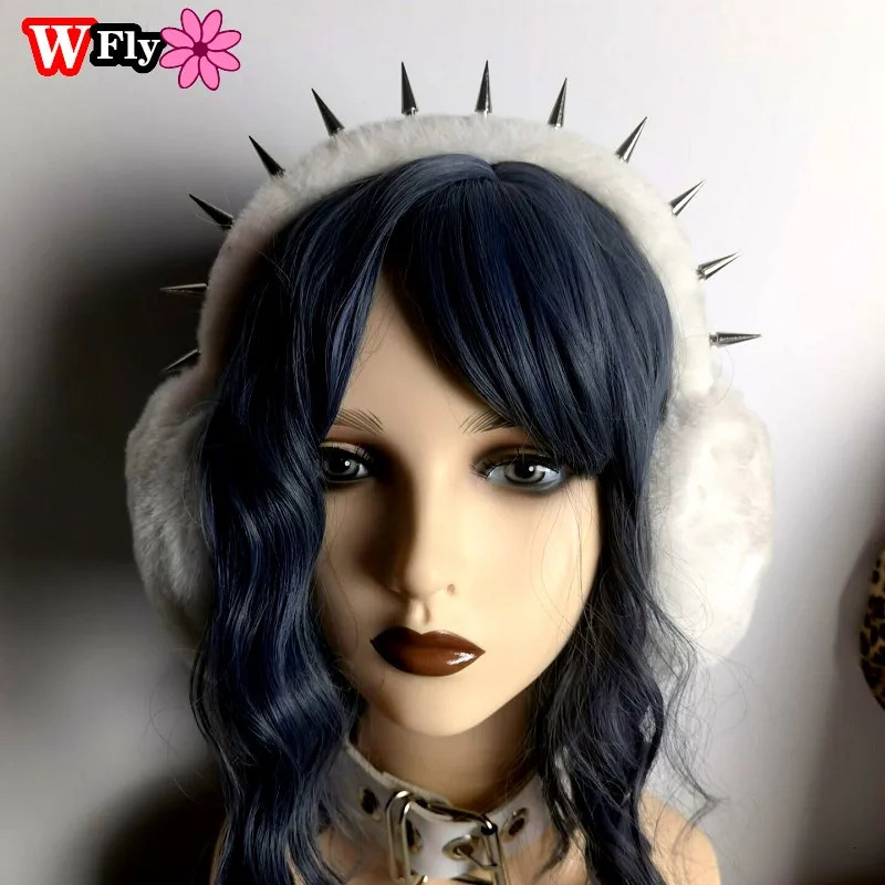 Y2K Gothic Lolita Womens Punk Rivet Warm Earrings Womens Winter Warm Black Fur Earrings Foldable Headband Accessories 241211