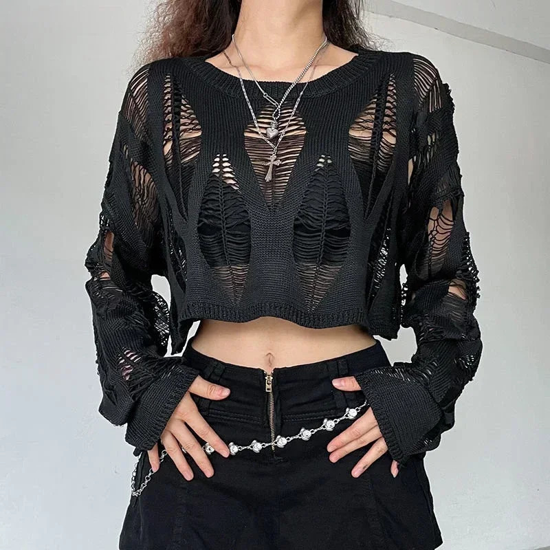 Vintage Hole Ripped Knitted Smock Tops Sexy Fashion Cropped Pullover Hollow Out Spring Autumn Sweater Knitwear 241203
