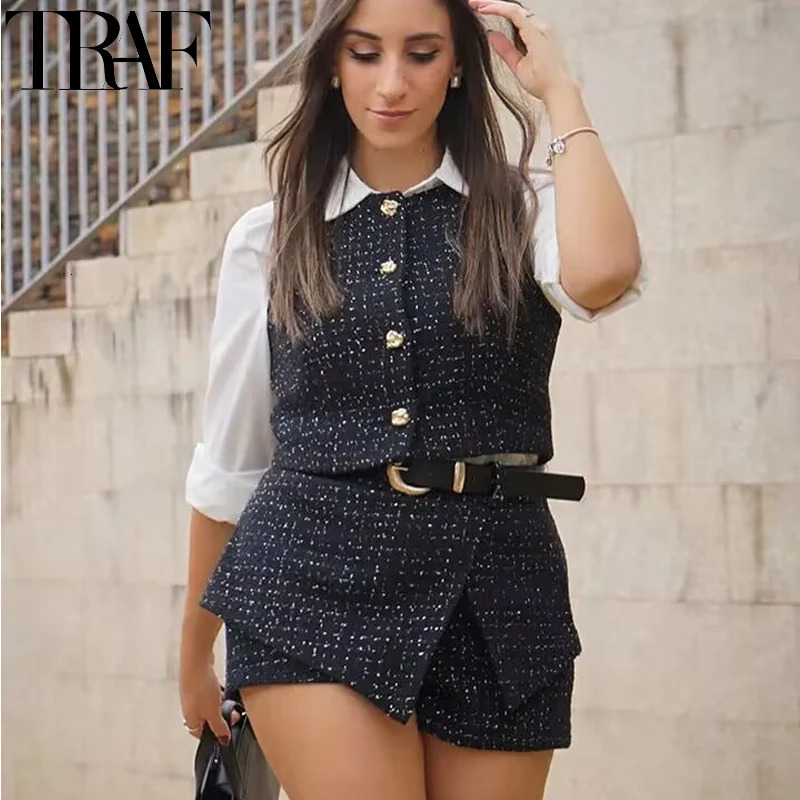 TRAF Plaid Womens twopiece sleeveless vest jacket with coarse tweed 2piece black mini leather pants autumn casual set 241211