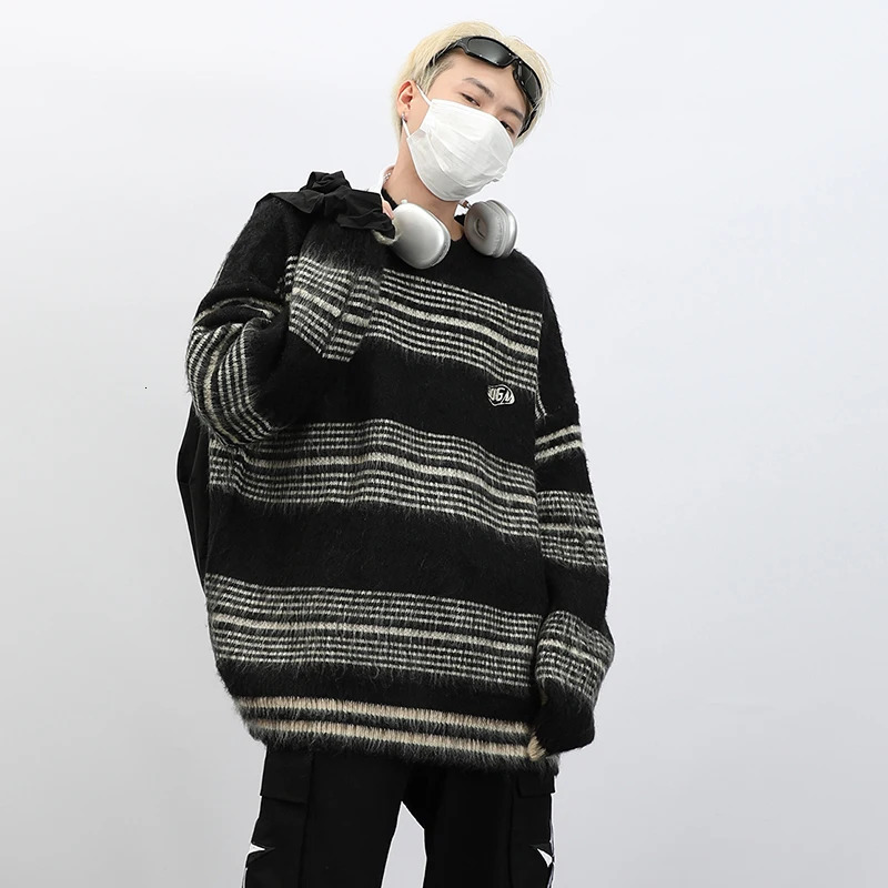 PFNW American Striped Letter n Chic Sweater Mens Vintage Round Neck Loose Autumn Winter Knitted Male Tops 28W4429 241213
