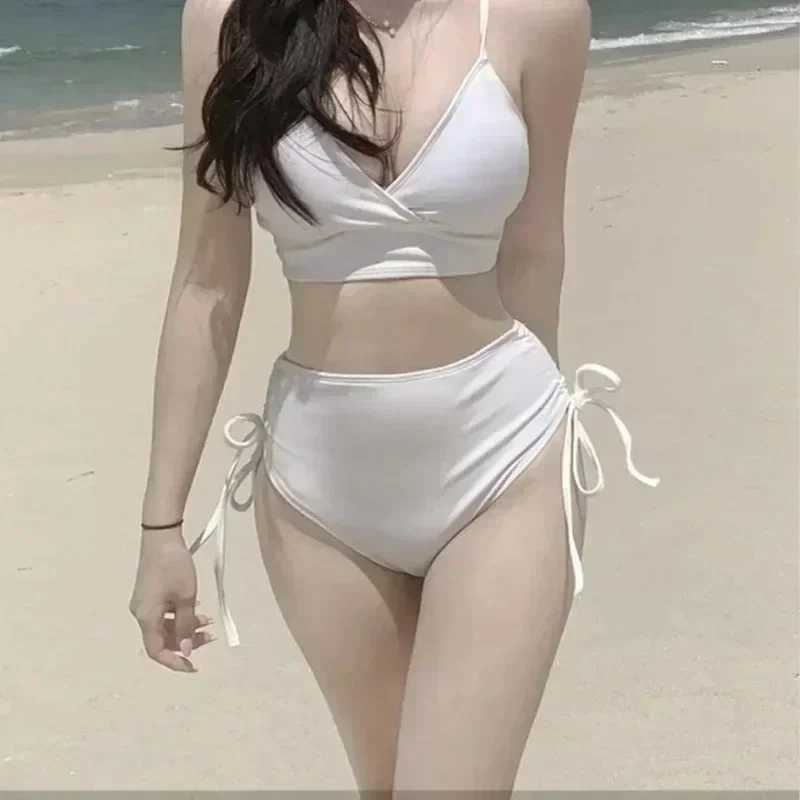 xgnvpy New South Korean split swimsuit fa solid color tight height waist thin draw pats gathered triang bikiniXJ241212