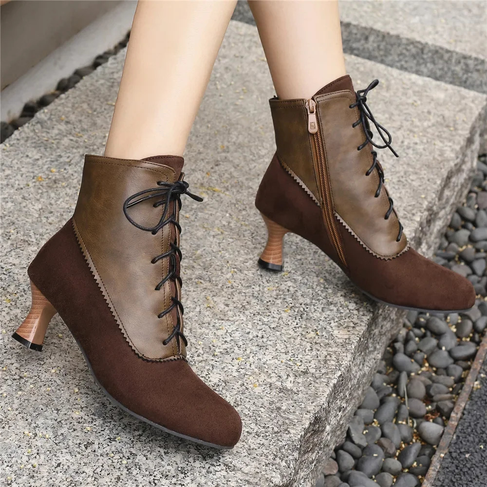 2024 Autumn Lace Womens High Heels Strange Steampunk Boots Victoria Ankle Boots Womens Round Toe Side Zipper Short Boots 241213