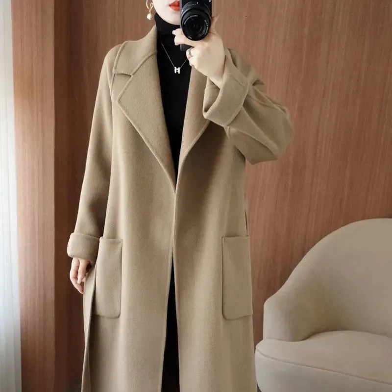 100% Pure Wool DoubleSided Cashmere Coat Women Winter MidLength Loose Fashion Pockets Woolen Jacket Female Overcoat B551 241213